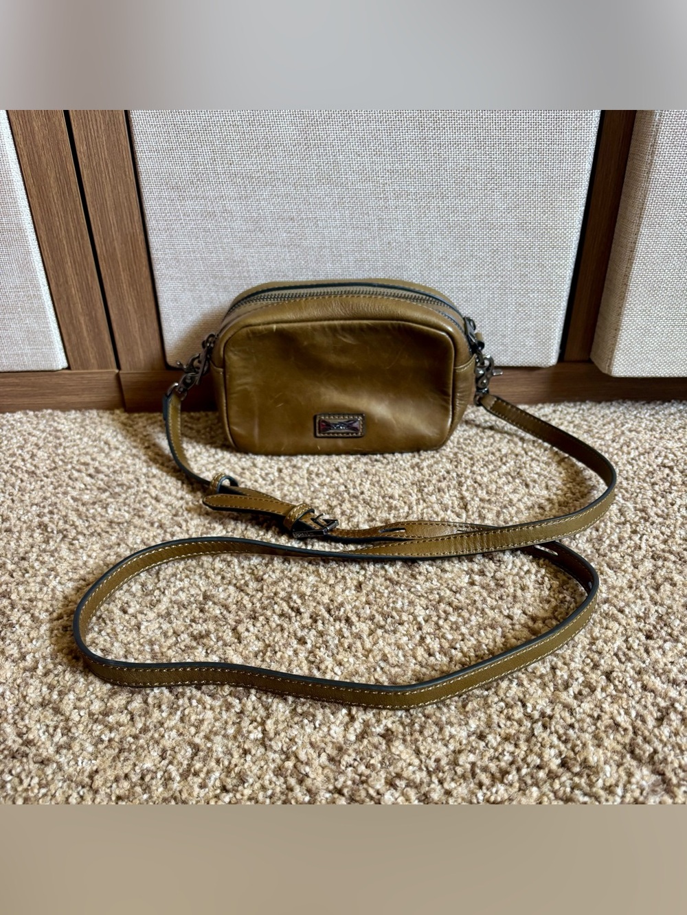Botkier Olive Green Leather Mini Crossbody Camera Bag with Adjustable Strap